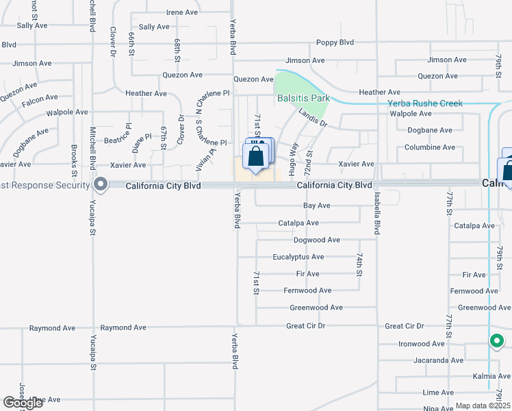 map of restaurants, bars, coffee shops, grocery stores, and more near 71st Street in California City