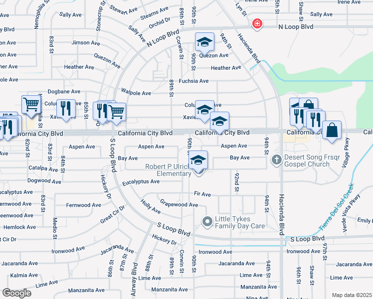 map of restaurants, bars, coffee shops, grocery stores, and more near 20913 90th Street in California City