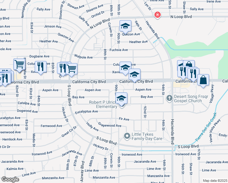 map of restaurants, bars, coffee shops, grocery stores, and more near 20913 90th Street in California City