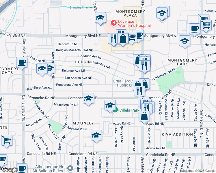 map of restaurants, bars, coffee shops, grocery stores, and more near 4708 Palo Duro Avenue Northeast in Albuquerque
