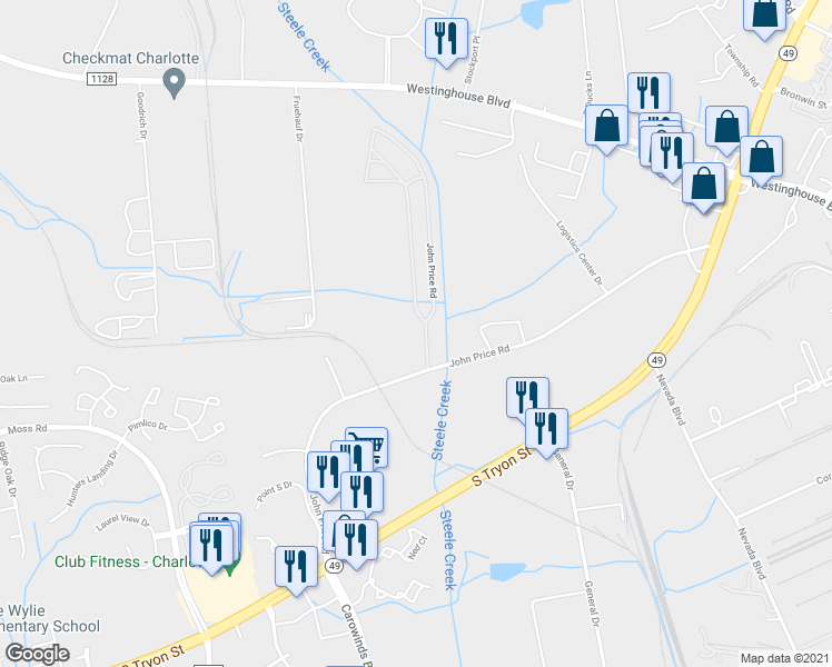 map of restaurants, bars, coffee shops, grocery stores, and more near 10416 John Price Road in Charlotte