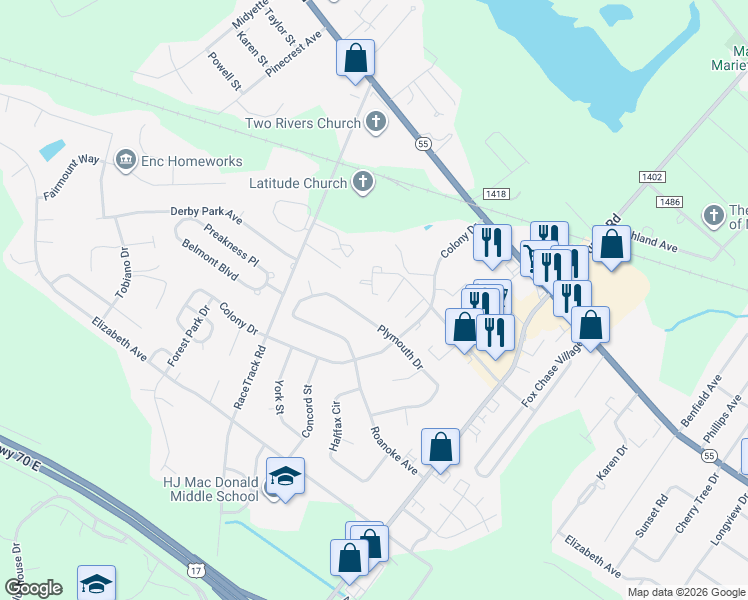 map of restaurants, bars, coffee shops, grocery stores, and more near 3425 Brunswick Avenue in New Bern