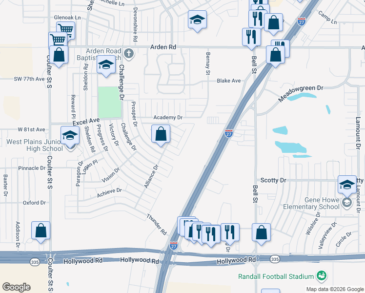 map of restaurants, bars, coffee shops, grocery stores, and more near 8311 Prosper Drive in Amarillo