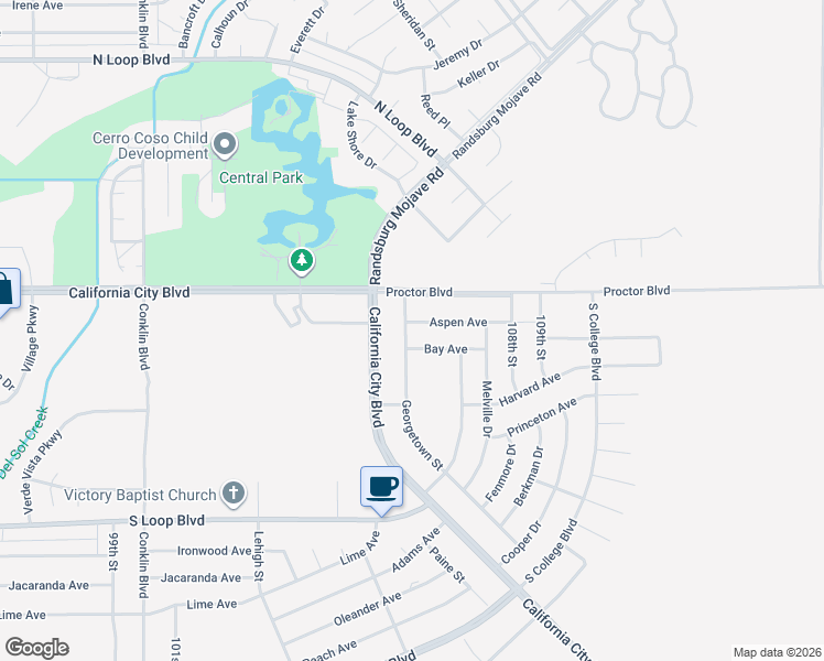 map of restaurants, bars, coffee shops, grocery stores, and more near 10600 Aspen Avenue in California City