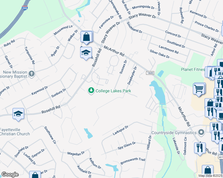 map of restaurants, bars, coffee shops, grocery stores, and more near 4199 Sussex Drive in Fayetteville