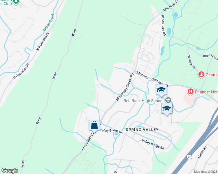 map of restaurants, bars, coffee shops, grocery stores, and more near 3535 Mountain Creek Road in Chattanooga