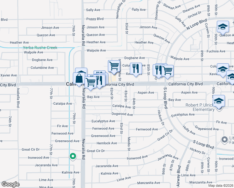 map of restaurants, bars, coffee shops, grocery stores, and more near 20900 82nd Street in California City