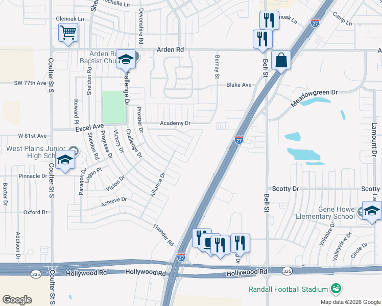 map of restaurants, bars, coffee shops, grocery stores, and more near 8311 Prosper Drive in Amarillo