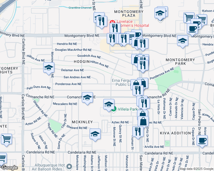 map of restaurants, bars, coffee shops, grocery stores, and more near 4708 Palo Duro Avenue Northeast in Albuquerque