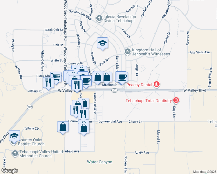 map of restaurants, bars, coffee shops, grocery stores, and more near 20121 Valley Boulevard in Tehachapi