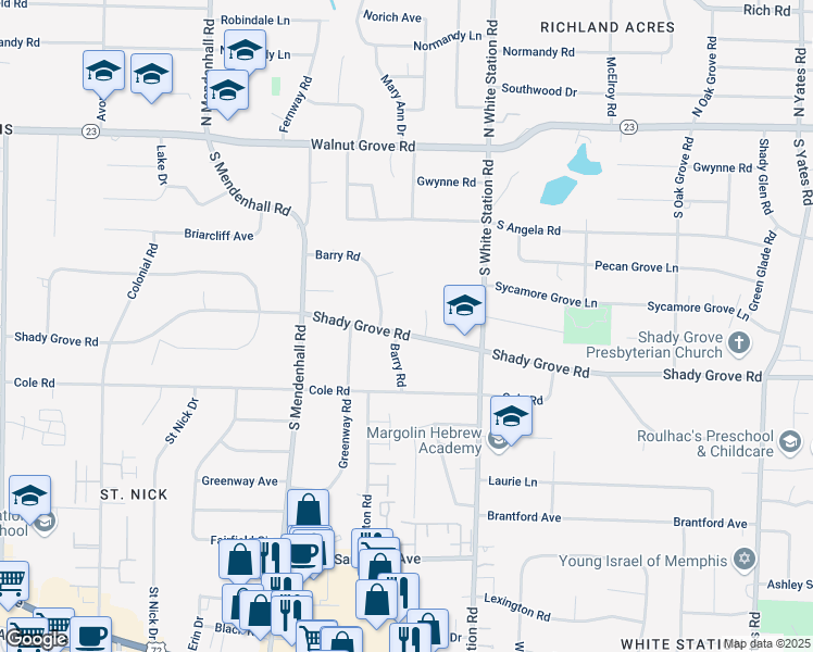 map of restaurants, bars, coffee shops, grocery stores, and more near 252 Barry Road in Memphis