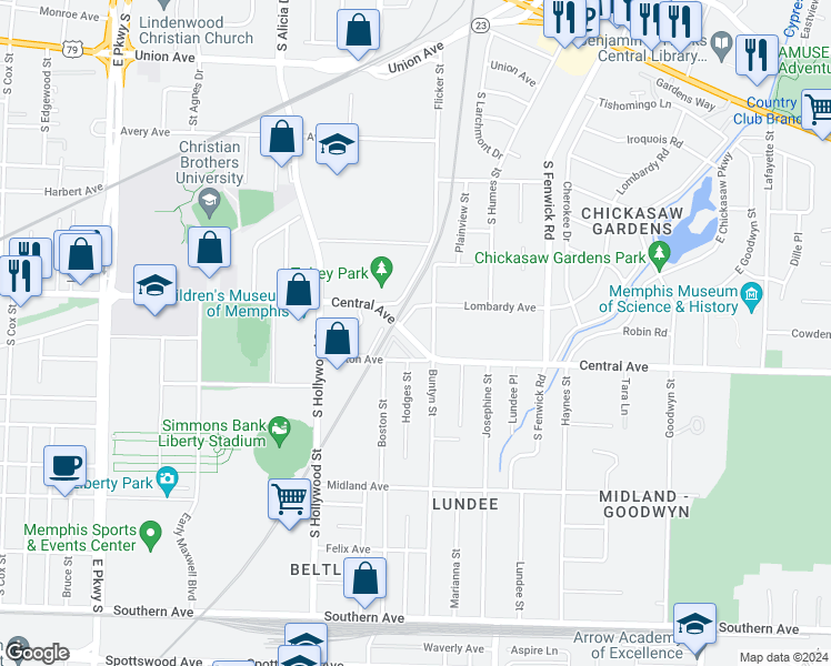 map of restaurants, bars, coffee shops, grocery stores, and more near 2699 Central Avenue in Memphis