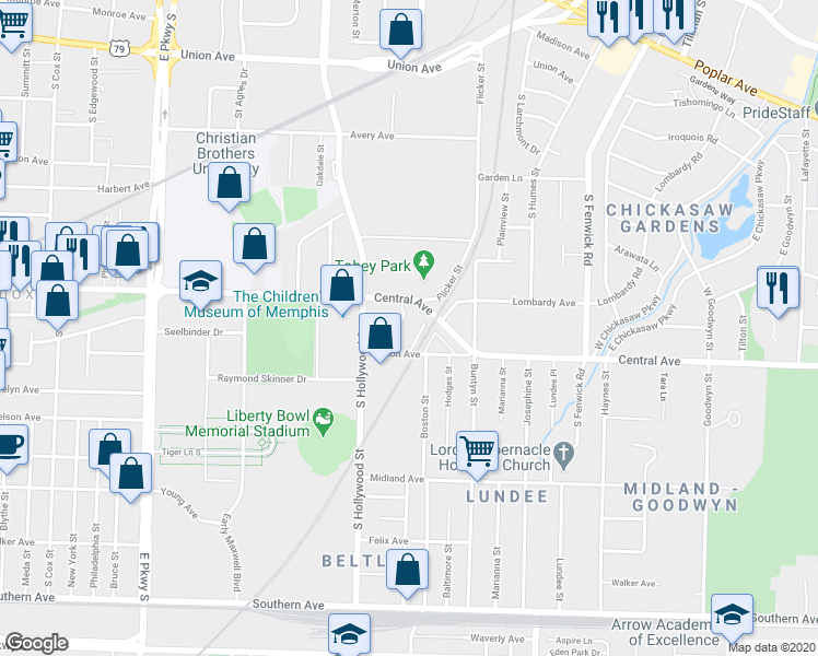 map of restaurants, bars, coffee shops, grocery stores, and more near 2639 Central Avenue in Memphis