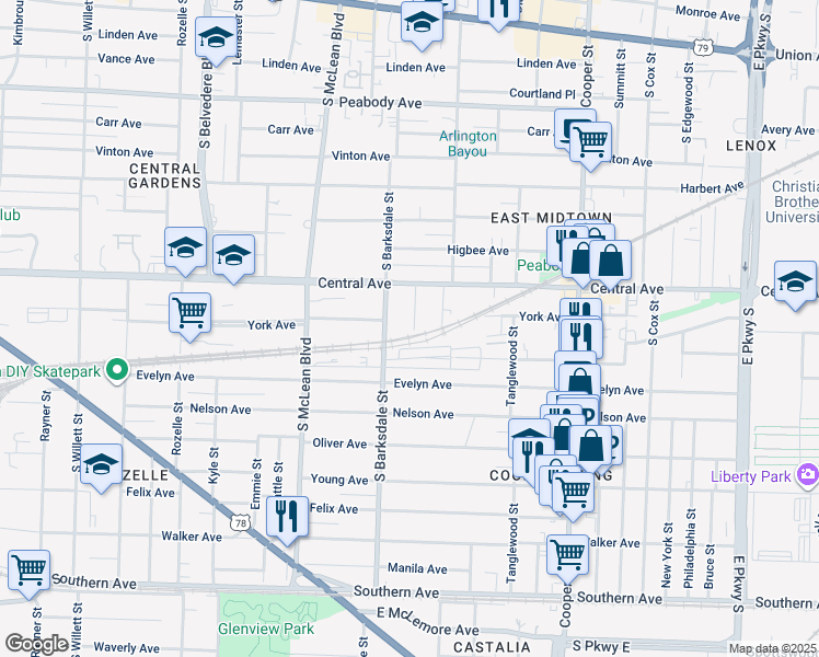 map of restaurants, bars, coffee shops, grocery stores, and more near 1960 Elzey Avenue in Memphis