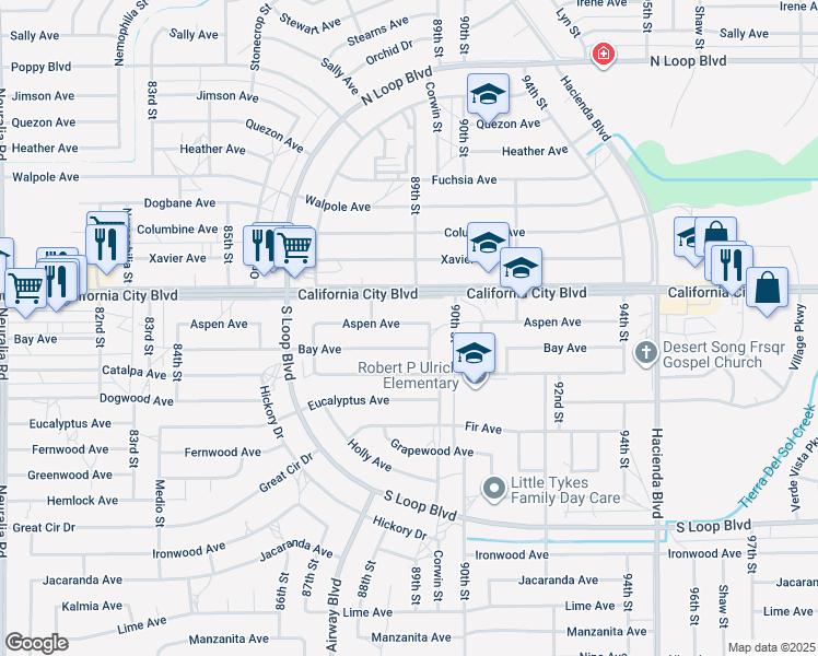 map of restaurants, bars, coffee shops, grocery stores, and more near 8872 Aspen Avenue in California City