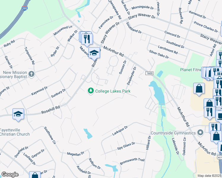 map of restaurants, bars, coffee shops, grocery stores, and more near 4199 Sussex Drive in Fayetteville