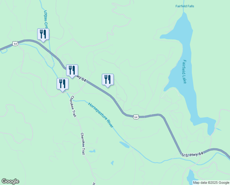 map of restaurants, bars, coffee shops, grocery stores, and more near 348 Foggy Mountain Road in Sapphire