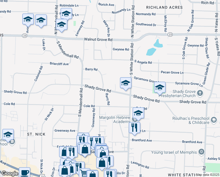 map of restaurants, bars, coffee shops, grocery stores, and more near 252 Barry Road in Memphis