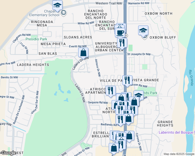 map of restaurants, bars, coffee shops, grocery stores, and more near 3501 Atrisco Drive Northwest in Albuquerque