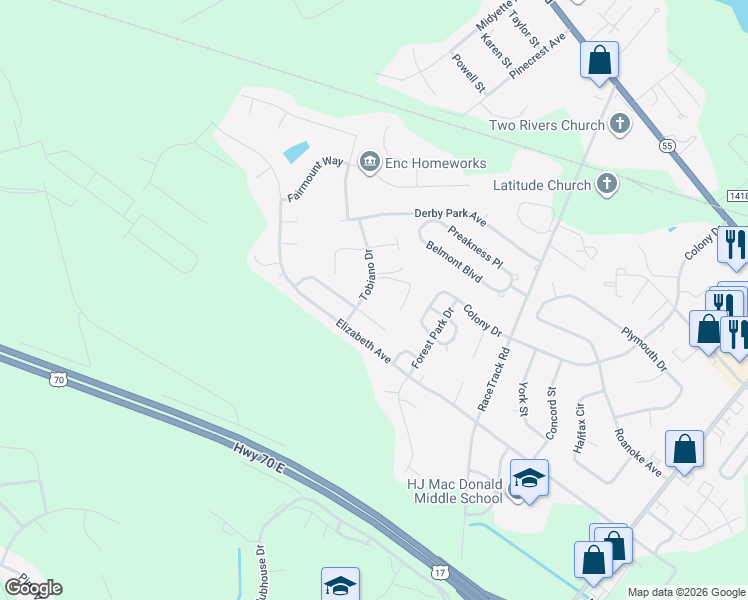 map of restaurants, bars, coffee shops, grocery stores, and more near 206 Tobiano Drive in New Bern