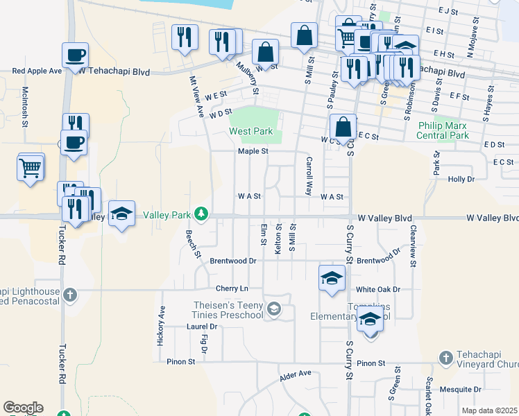 map of restaurants, bars, coffee shops, grocery stores, and more near 709 Elm Street in Tehachapi