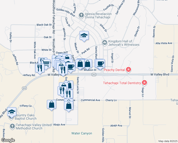 map of restaurants, bars, coffee shops, grocery stores, and more near 20121 Valley Boulevard in Tehachapi
