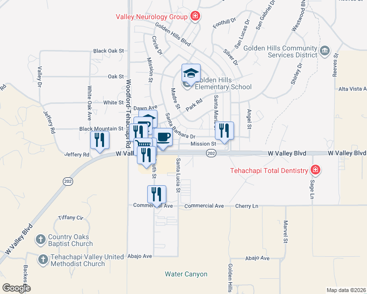 map of restaurants, bars, coffee shops, grocery stores, and more near 20231 Valley Boulevard in Golden Hills