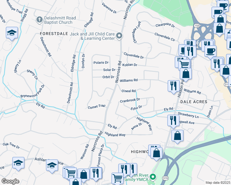 map of restaurants, bars, coffee shops, grocery stores, and more near 4328 Norcross Road in Chattanooga