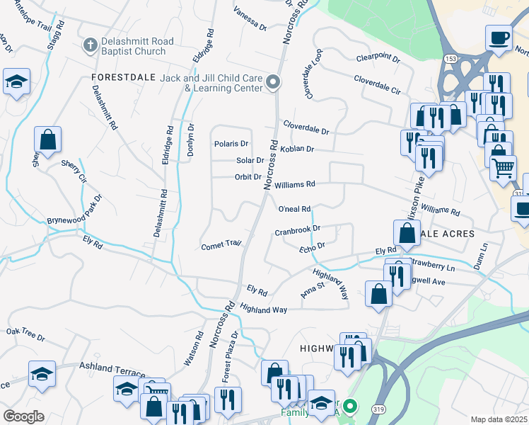 map of restaurants, bars, coffee shops, grocery stores, and more near 4328 Norcross Road in Chattanooga