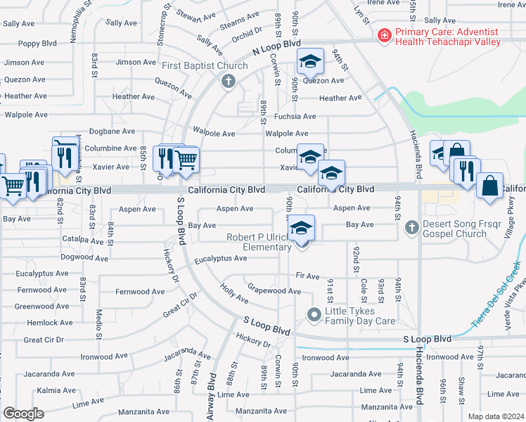 map of restaurants, bars, coffee shops, grocery stores, and more near Temple Street in California City