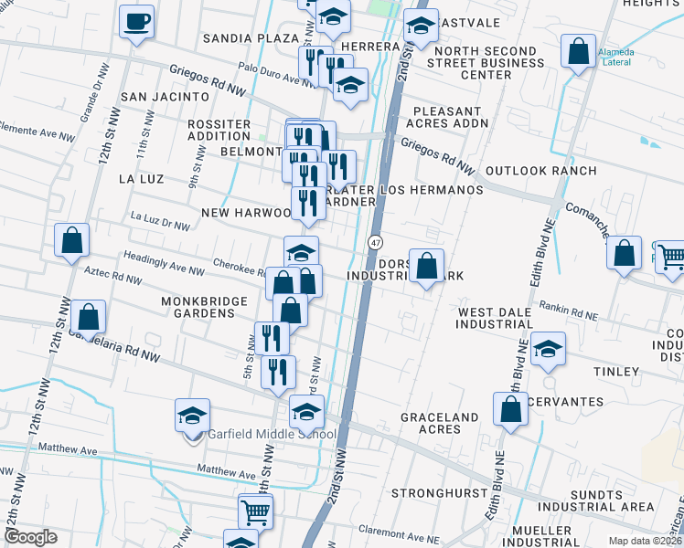 map of restaurants, bars, coffee shops, grocery stores, and more near 310 San Lorenzo Avenue Northwest in Albuquerque
