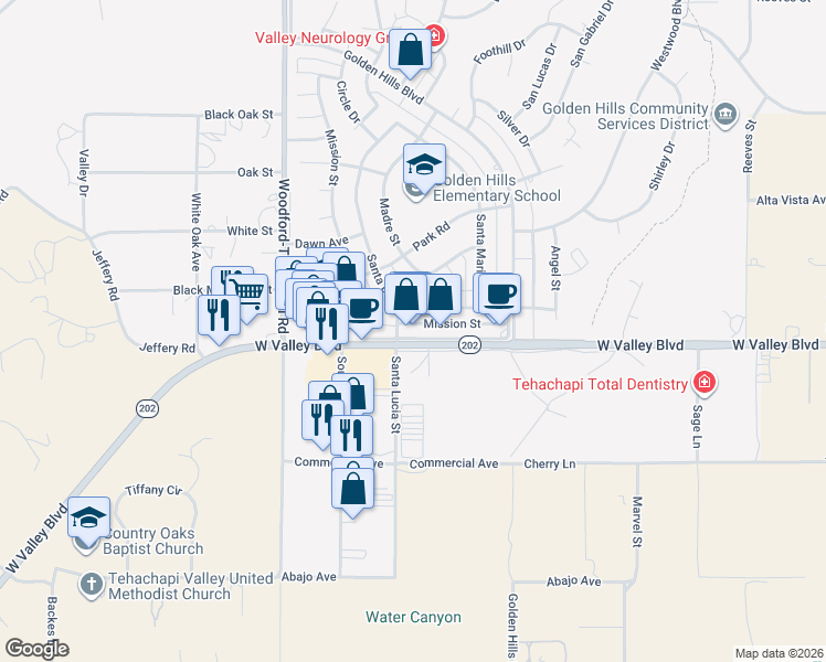 map of restaurants, bars, coffee shops, grocery stores, and more near 20231 Valley Boulevard in Golden Hills