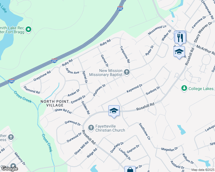 map of restaurants, bars, coffee shops, grocery stores, and more near 421 Platinum Street in Fayetteville