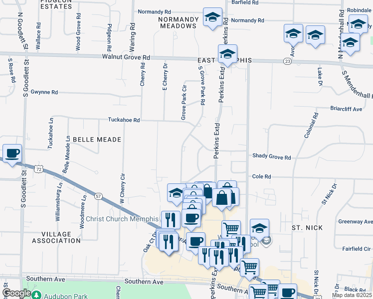 map of restaurants, bars, coffee shops, grocery stores, and more near 200 South Grove Park Road in Memphis