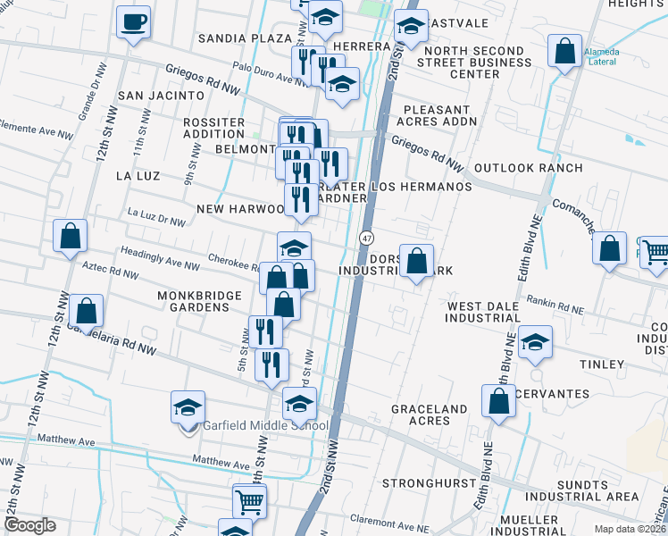 map of restaurants, bars, coffee shops, grocery stores, and more near 310 San Lorenzo Avenue Northwest in Albuquerque