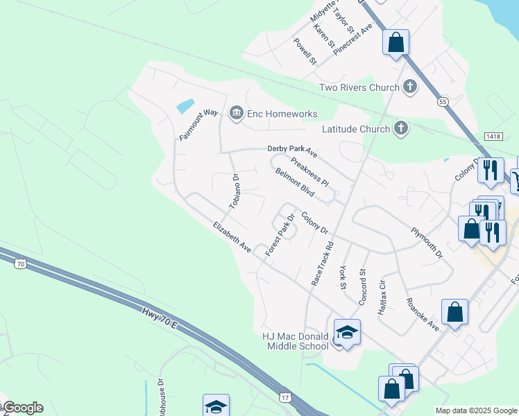 map of restaurants, bars, coffee shops, grocery stores, and more near in New Bern