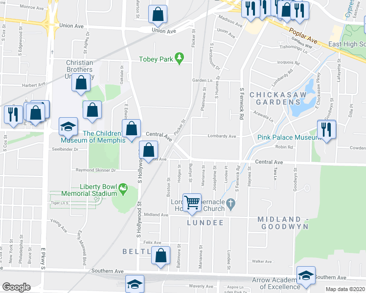 map of restaurants, bars, coffee shops, grocery stores, and more near 245 Buntyn Street in Memphis