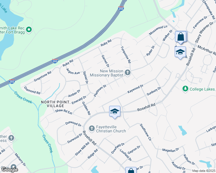 map of restaurants, bars, coffee shops, grocery stores, and more near 421 Platinum Street in Fayetteville