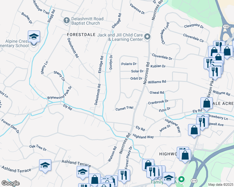 map of restaurants, bars, coffee shops, grocery stores, and more near 4343 Comet Trail in Chattanooga
