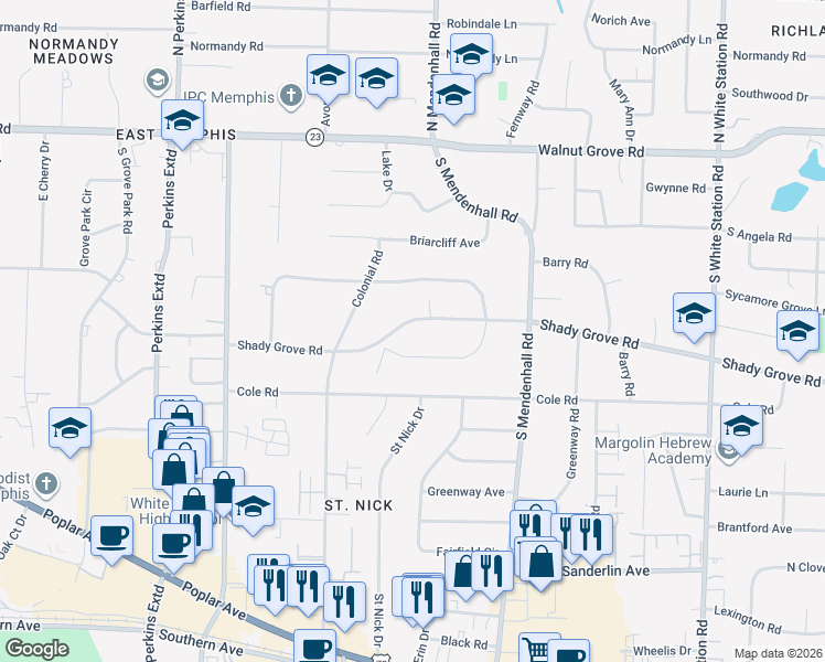 map of restaurants, bars, coffee shops, grocery stores, and more near 4871 Shady Grove Road in Memphis