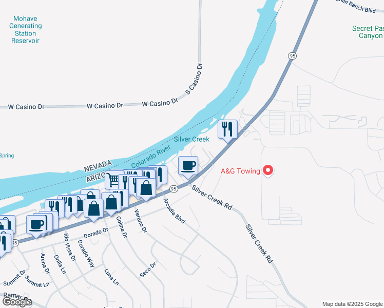 map of restaurants, bars, coffee shops, grocery stores, and more near 1685 Arizona 95 in Bullhead City