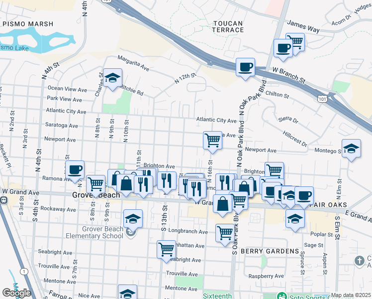 map of restaurants, bars, coffee shops, grocery stores, and more near 1416 Newport Avenue in Grover Beach