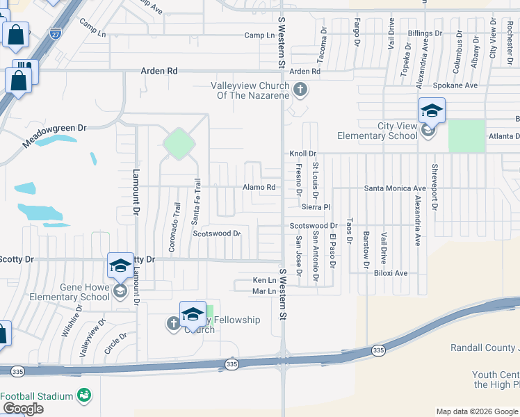 map of restaurants, bars, coffee shops, grocery stores, and more near 4204 Jamie Trail in Amarillo