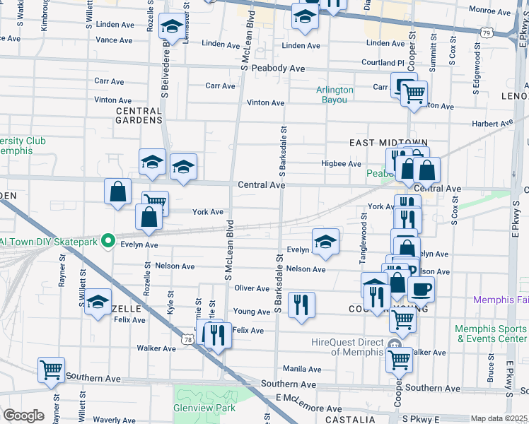 map of restaurants, bars, coffee shops, grocery stores, and more near 1856 York Avenue in Memphis