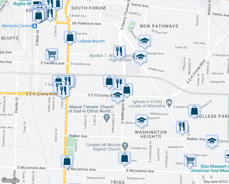 map of restaurants, bars, coffee shops, grocery stores, and more near 416 East E.H.Crump Boulevard in Memphis