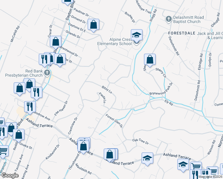 map of restaurants, bars, coffee shops, grocery stores, and more near 603 Bitsy Lane in Chattanooga