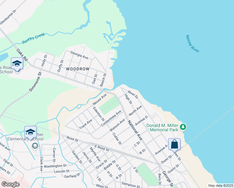 map of restaurants, bars, coffee shops, grocery stores, and more near 1804 National Avenue in New Bern