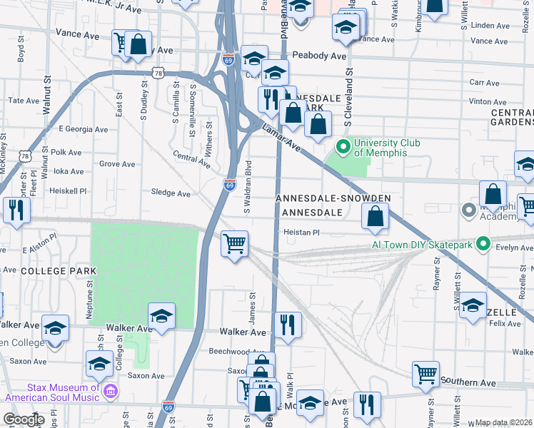 map of restaurants, bars, coffee shops, grocery stores, and more near 1202 Agnes Place in Memphis