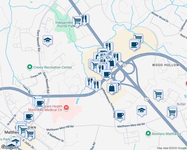 map of restaurants, bars, coffee shops, grocery stores, and more near 1811 Matthews Township Parkway in Matthews