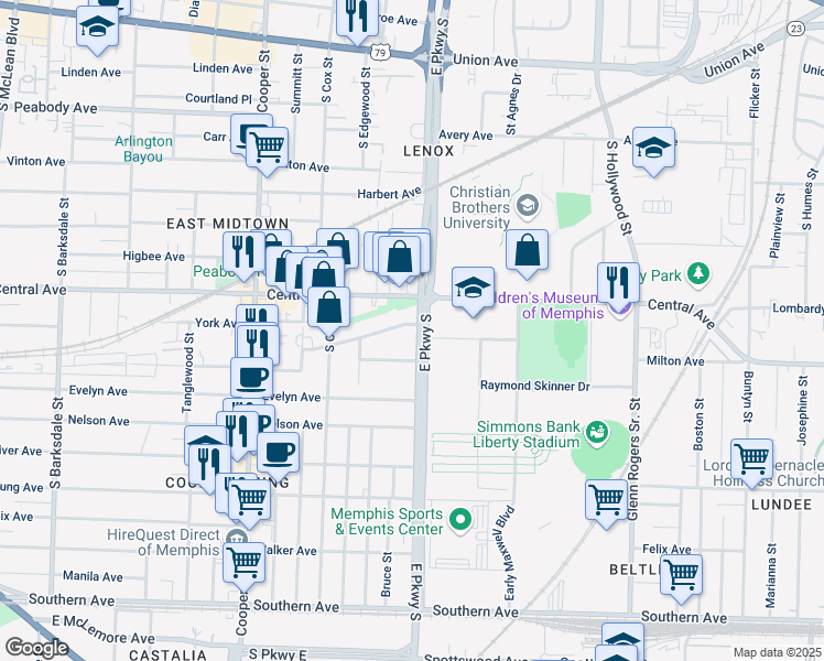 map of restaurants, bars, coffee shops, grocery stores, and more near 733 East Parkway South in Memphis